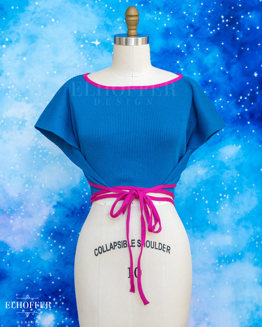 Handmade Boatneck Wrap Top - Snips Blue Rib Knit with Pink Trim