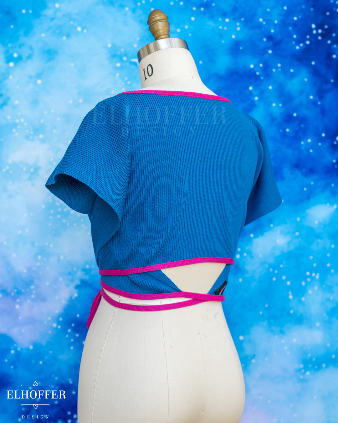 Handmade Boatneck Wrap Top - Snips Blue Rib Knit with Pink Trim