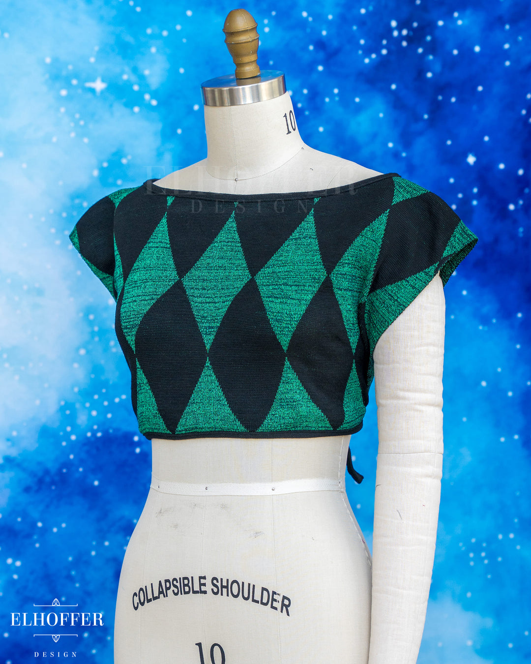Handmade Boatneck Wrap Top - Green & Black Diamonds Knit