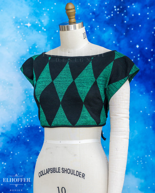 Handmade Boatneck Wrap Top - Green & Black Diamonds Knit