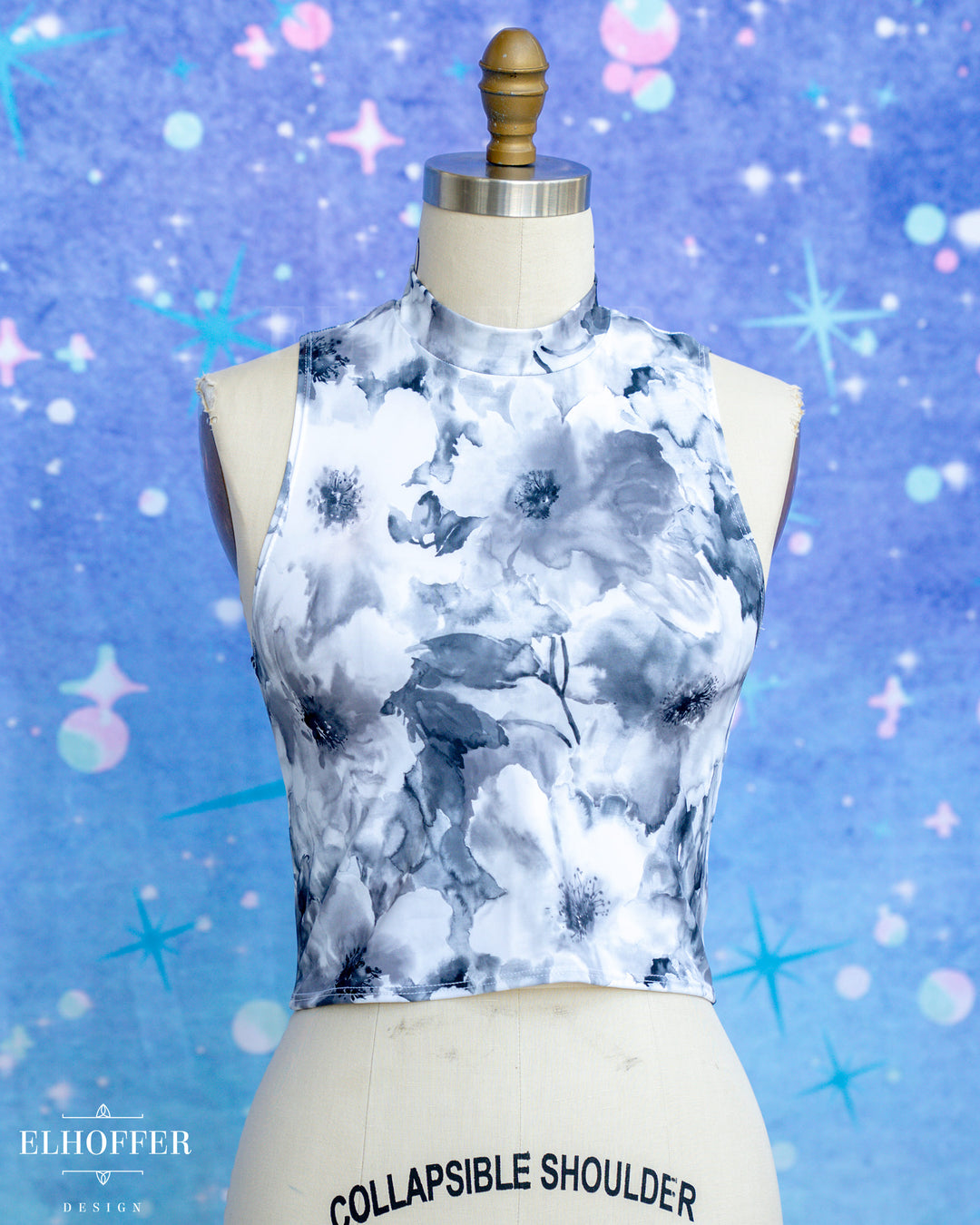 Essential Jes Crop Top - Black & White Watercolor Floral