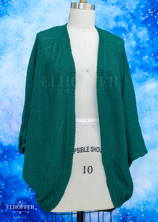 Green cardigan on a mannequin against a blue snowy background with 'Elhoffer' branding.