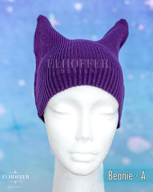 Handmade Purple Ribbed Cat Ear Knit Beanie - Assorted Styles