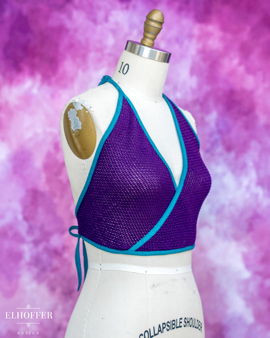 Handmade Knit Bralette - Haunted Purple Knit with Teal Trim - Best on M-XL