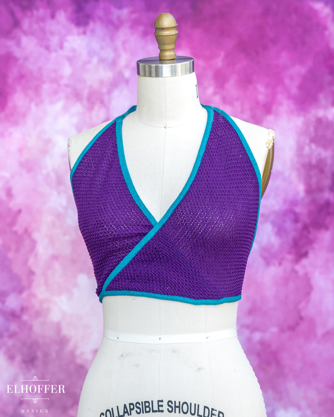 Handmade Knit Bralette - Haunted Purple Knit with Teal Trim - Best on M-XL