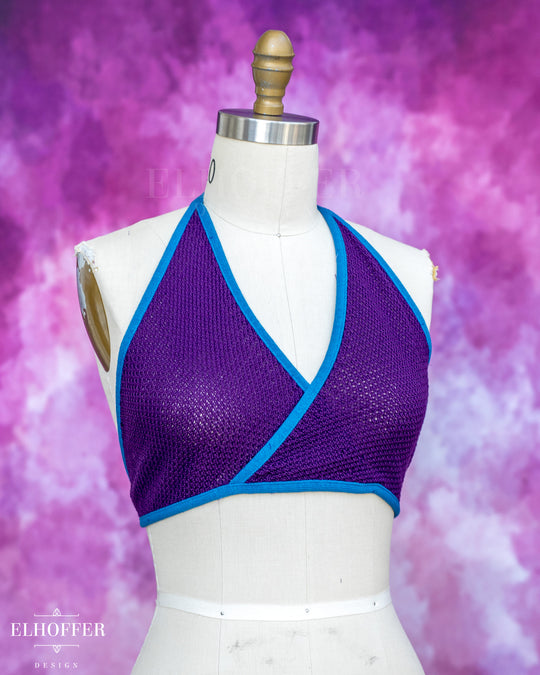 Handmade Knit Bralette - Haunted Purple Knit with Snips Blue Trim - Best on M-XL