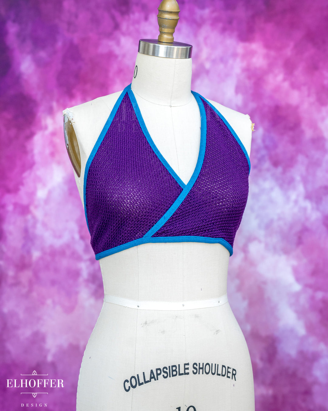 Handmade Knit Bralette - Haunted Purple Knit with Snips Blue Trim - Best on M-XL