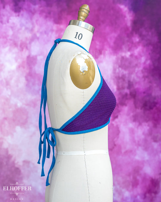 Handmade Knit Bralette - Haunted Purple Knit with Snips Blue Trim - Best on M-XL
