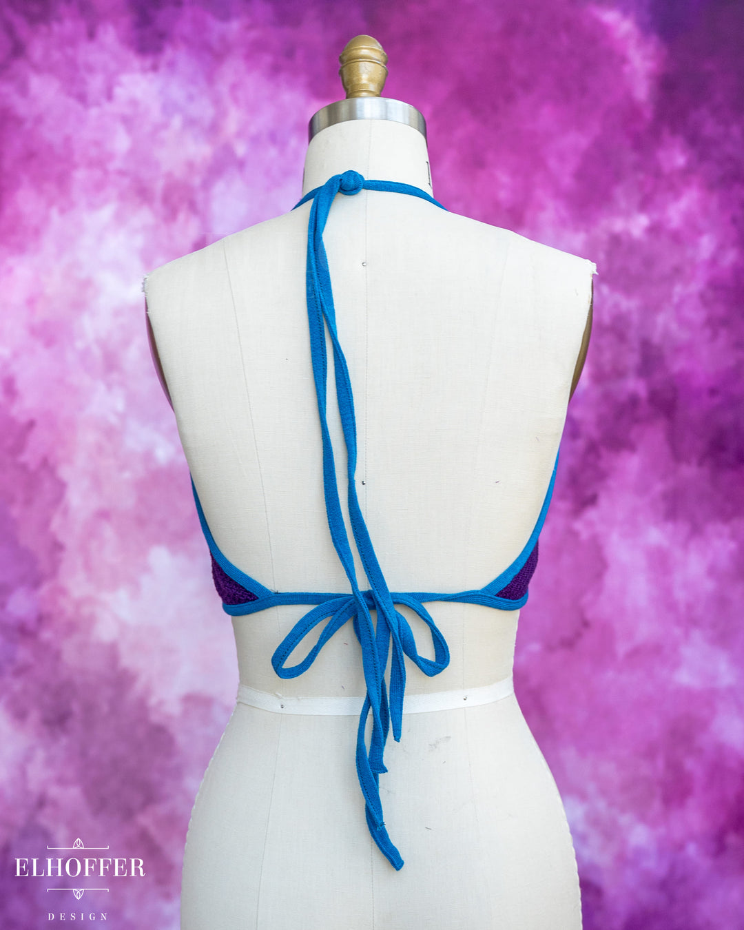 Handmade Knit Bralette - Haunted Purple Knit with Snips Blue Trim - Best on M-XL