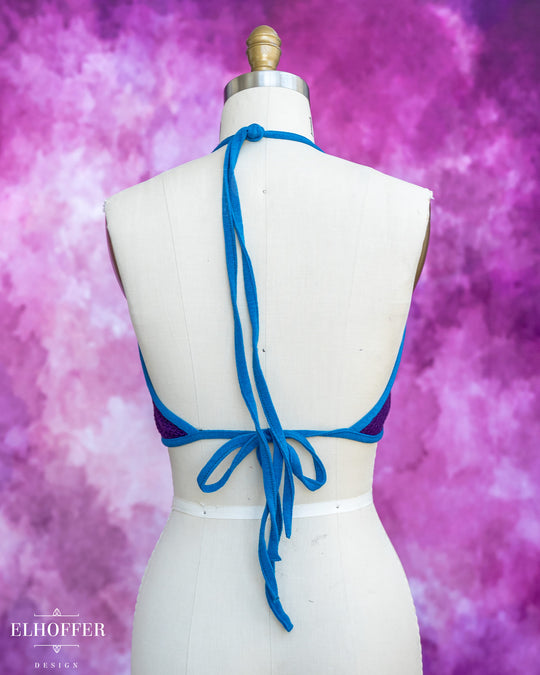 Handmade Knit Bralette - Haunted Purple Knit with Snips Blue Trim - Best on M-XL