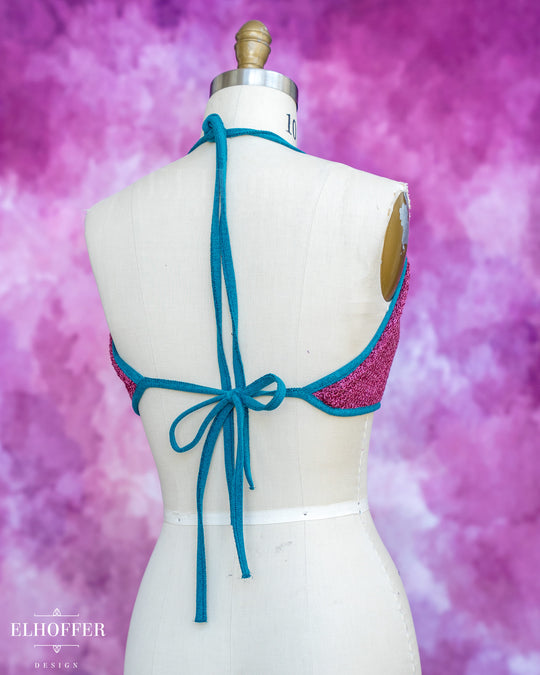 Handmade Knit Bralette - Lover Pink Knit with Teal Trim - Best on M to XL