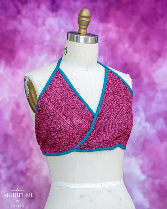 Handmade Knit Bralette - Lover Pink Knit with Teal Trim - Best on M to XL
