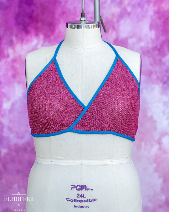 Handmade Knit Bralette - Lover Pink Knit with Snips Blue Trim - Best on 2XL-4XL