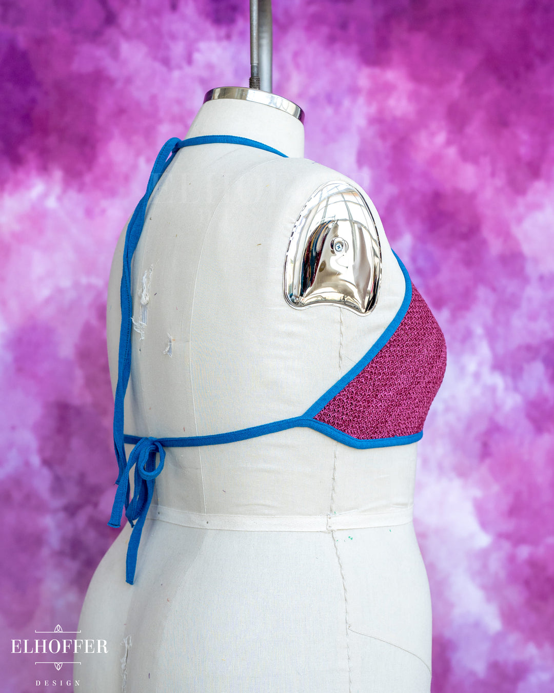 Handmade Knit Bralette - Lover Pink Knit with Snips Blue Trim - Best on 2XL-4XL