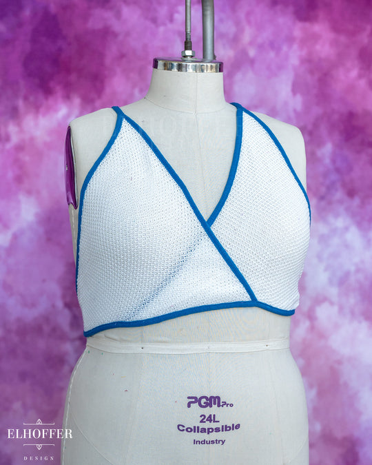 Handmade Knit Bralette - Poet White Knit with Snips Blue Trim - Best on 2XL-4XL