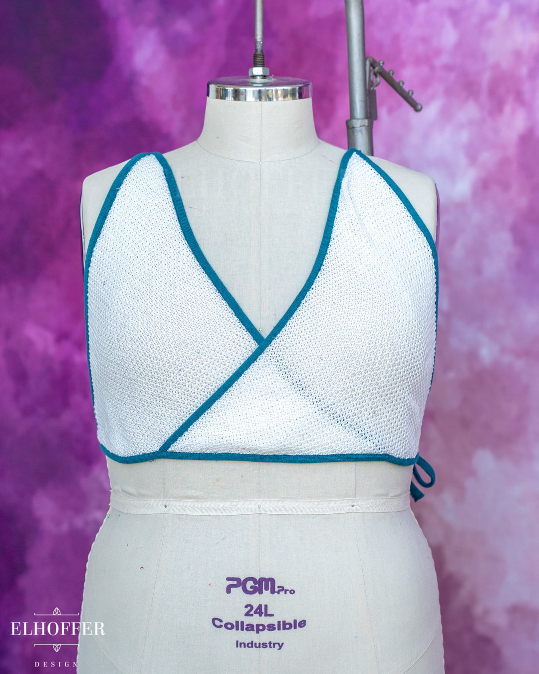 Handmade Knit Bralette - Poet White Knit with Teal Trim - Best on 2XL-4XL