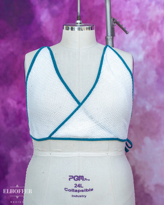 Handmade Knit Bralette - Poet White Knit with Teal Trim - Best on 2XL-4XL