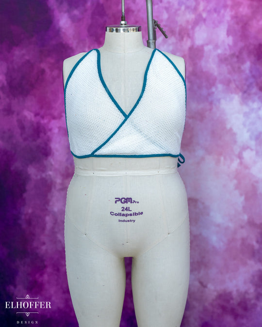 Handmade Knit Bralette - Poet White Knit with Teal Trim - Best on 2XL-4XL