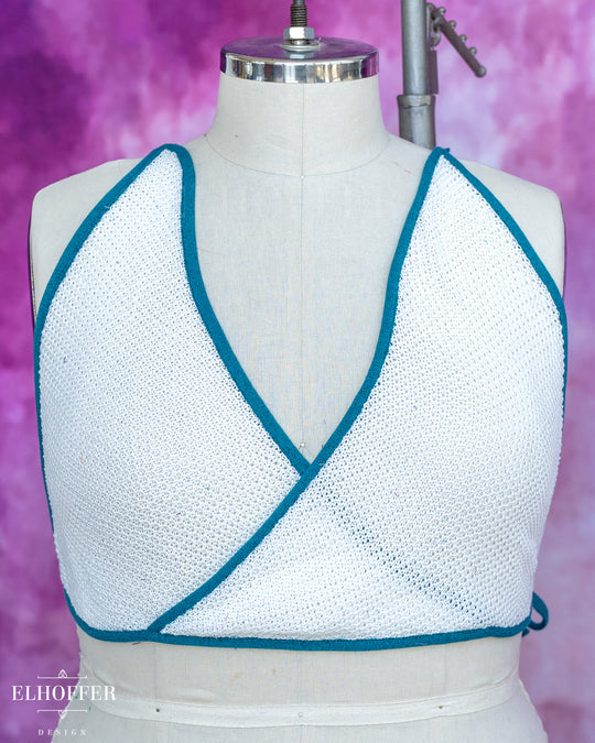 Handmade Knit Bralette - Poet White Knit with Teal Trim - Best on 2XL-4XL