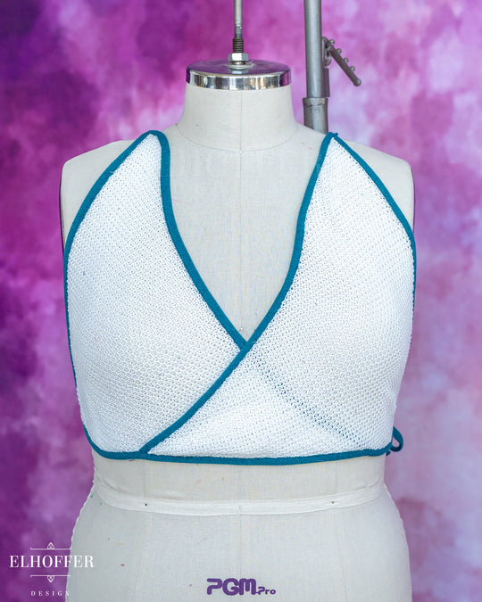 Handmade Knit Bralette - Poet White Knit with Teal Trim - Best on 2XL-4XL