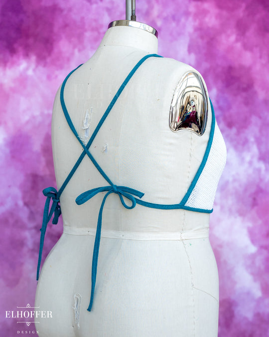 Handmade Knit Bralette - Poet White Knit with Teal Trim - Best on 2XL-4XL