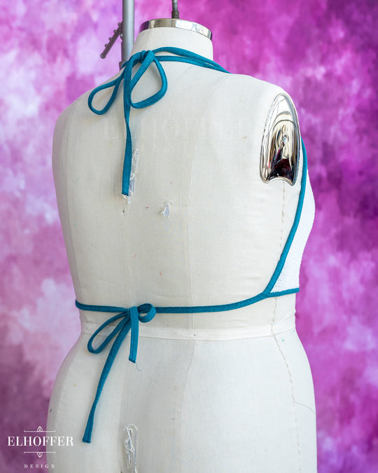 Handmade Knit Bralette - Poet White Knit with Teal Trim - Best on 2XL-4XL