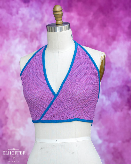 Handmade Knit Bralette - Lavender Haze Knit with Snips Blue Trim - Best on M-XL