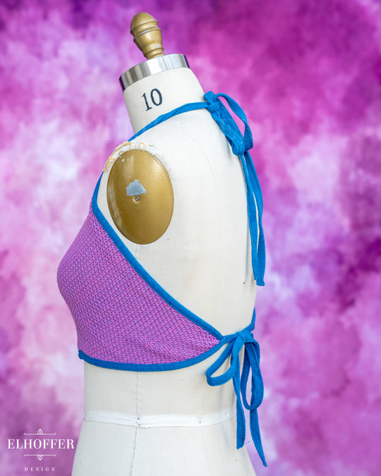 Handmade Knit Bralette - Lavender Haze Knit with Snips Blue Trim - Best on M-XL