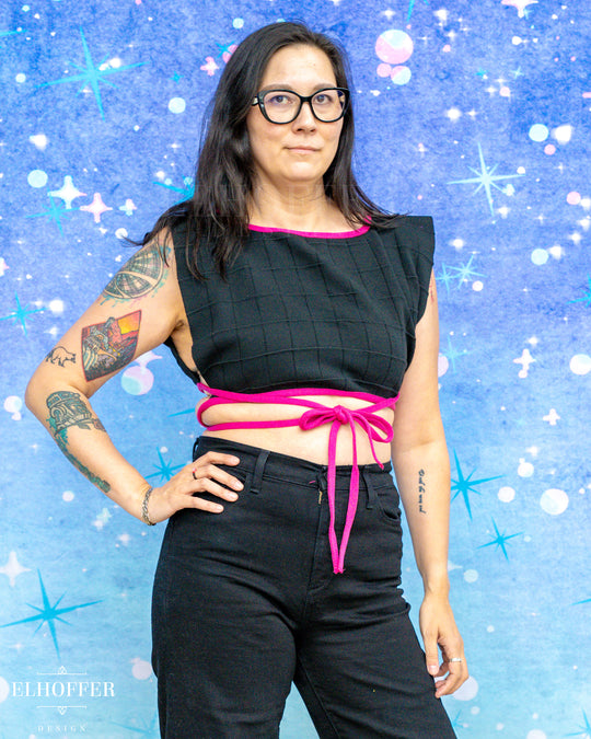 Handmade Boatneck Wrap Top - Renegade Black Knit with Pink Trim