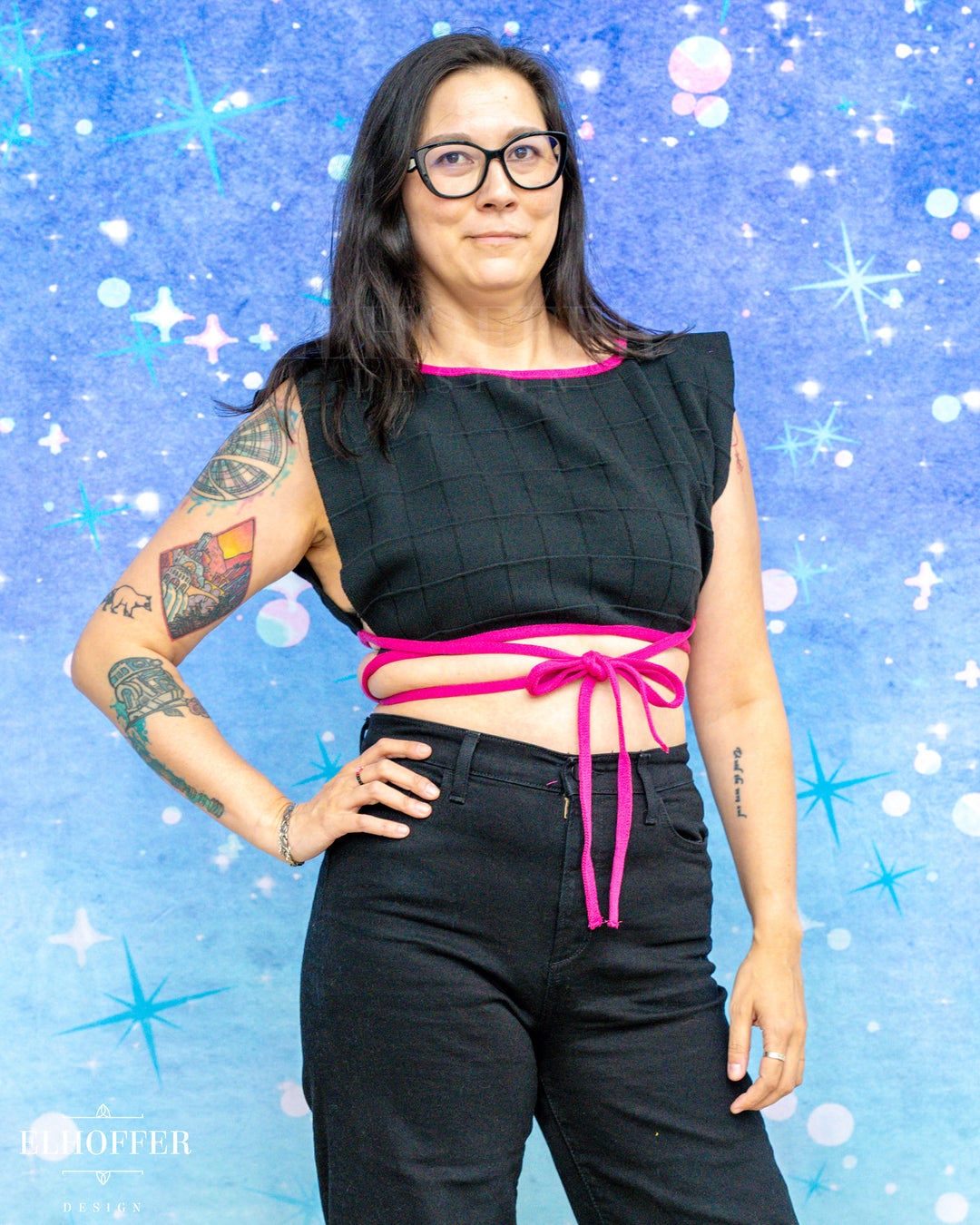 Handmade Boatneck Wrap Top - Renegade Black Knit with Pink Trim