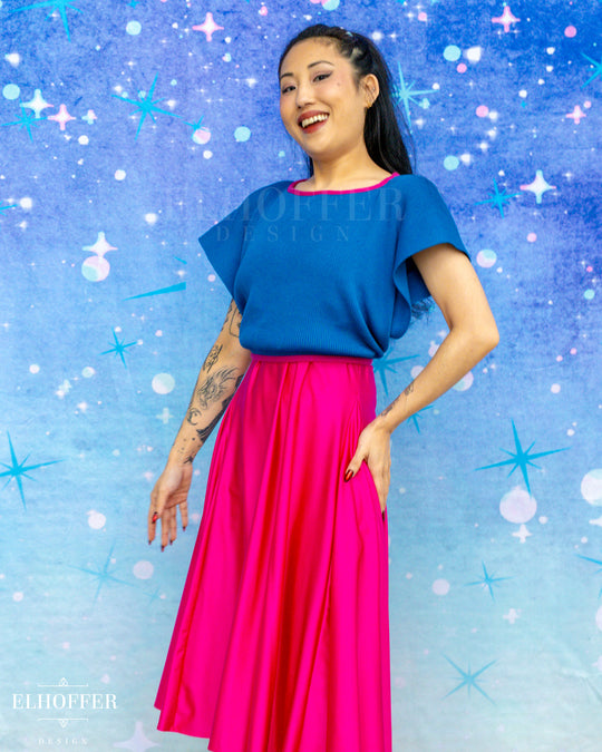 Handmade Boatneck Wrap Top - Snips Blue Rib Knit with Pink Trim