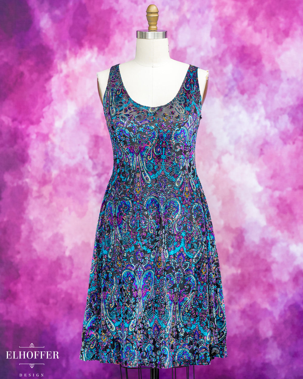 Essential Aquarius Knee Length Dress - Blue Paisley Burnout Velvet
