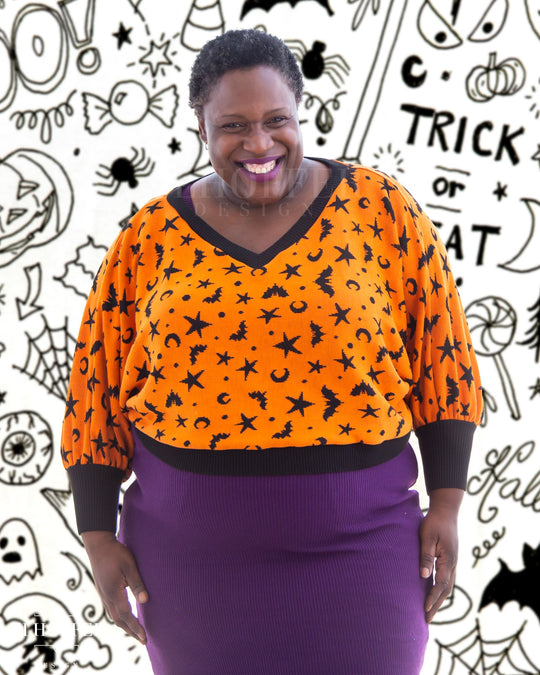 Essential Whitney Oversize Sweater - Orange w/ Black Batty Witch
