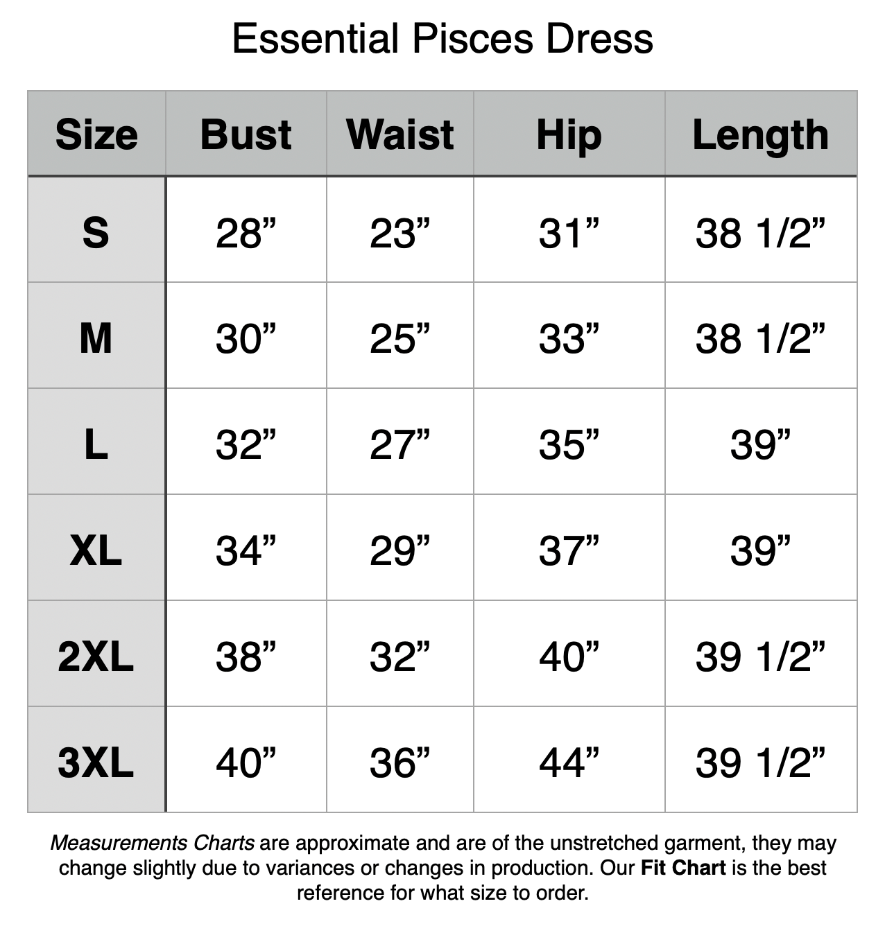 Essential Pisces Dress - Creepy & Kooky Stripes: S - 28” Bust, 23” Waist, 31” Hip, 38.5” Length. M - 30” Bust, 25” Waist, 33” Hip, 38.5” Length. L - 32” Bust, 27” Waist, 35” Hip, 39” Length. XL - 34” Bust, 29” Waist, 37” Hip, 39” Length. 2XL - 38” Bust, 32” Waist, 40” Hip, 39.5” Length. 3XL - 40” Bust, 36” Waist, 44” Hip, 39.5” Length.
