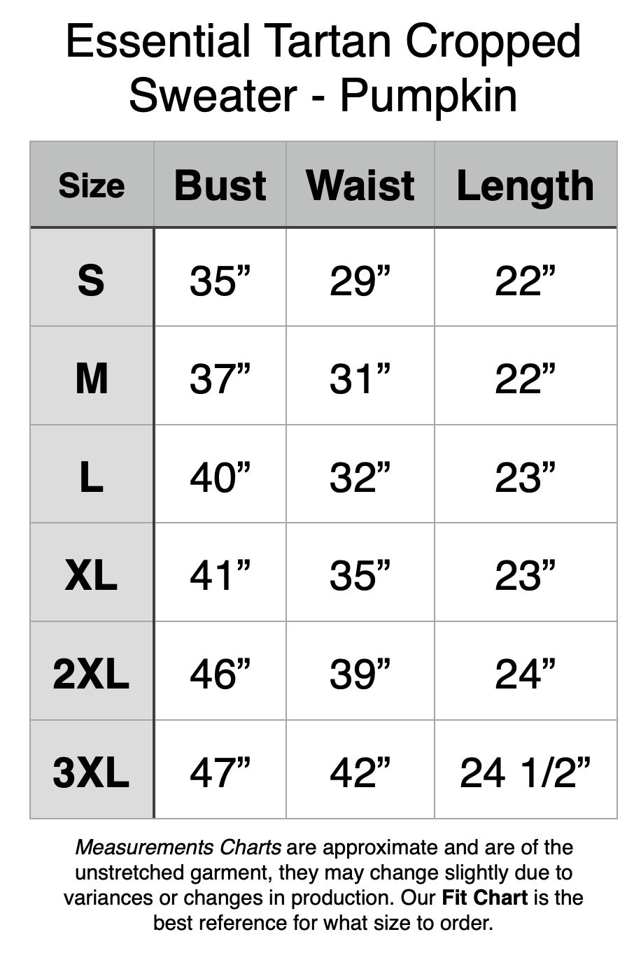 Essential Tartan Cropped Sweater - Pumpkin: S - 35" Bust, 29" Waist, 22" Length. M - 37" Bust, 31" Waist, 22" Length. L - 40" Bust, 32" Waist, 23" Length. XL - 41" Bust, 35" Waist, 23" Length. 2XL - 46" Bust, 39" Waist, 24" Length. 3XL - 47" Bust, 42" Waist, 24.5" Length.