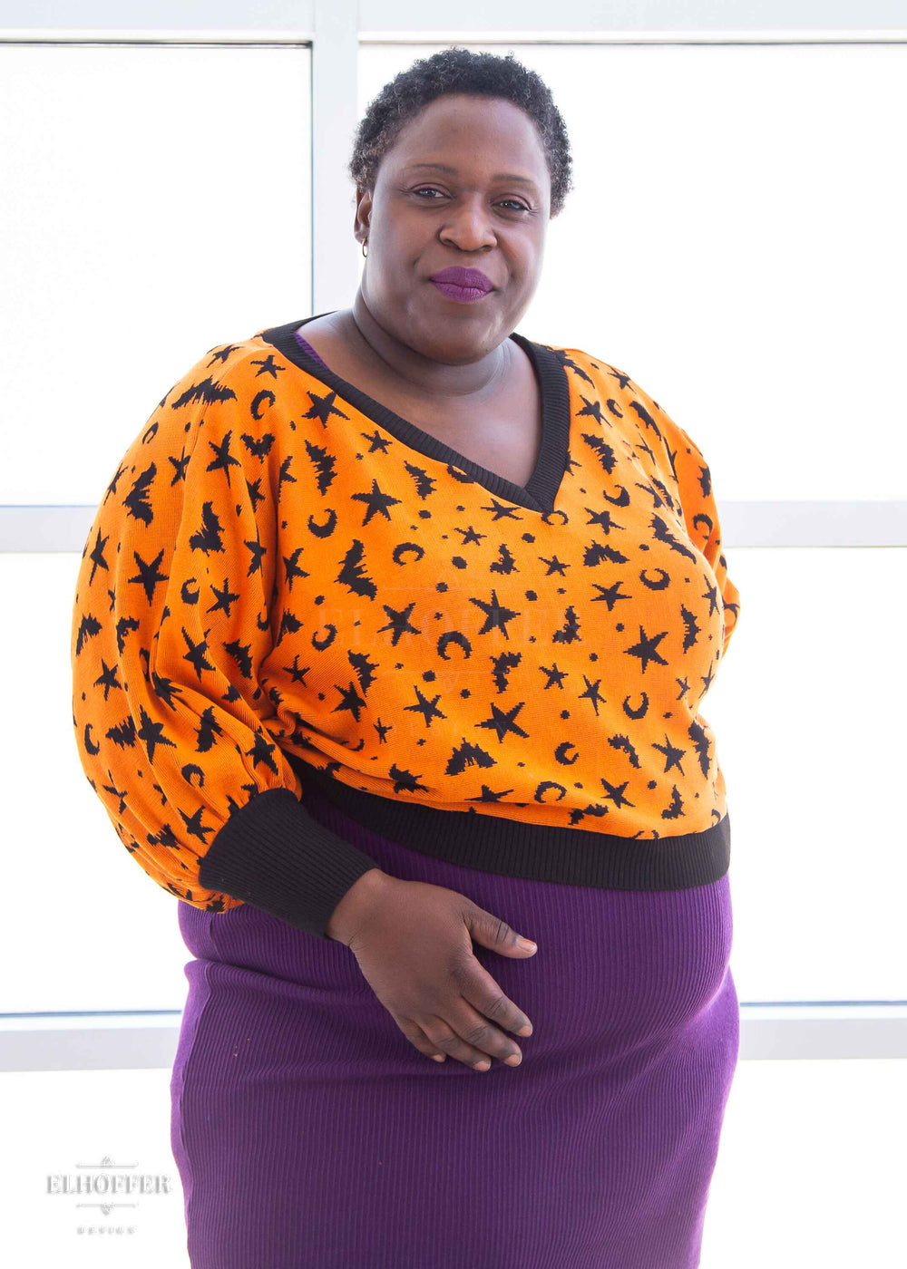 Essential Whitney Oversize Sweater - Orange w/ Black Batty Witch Top
