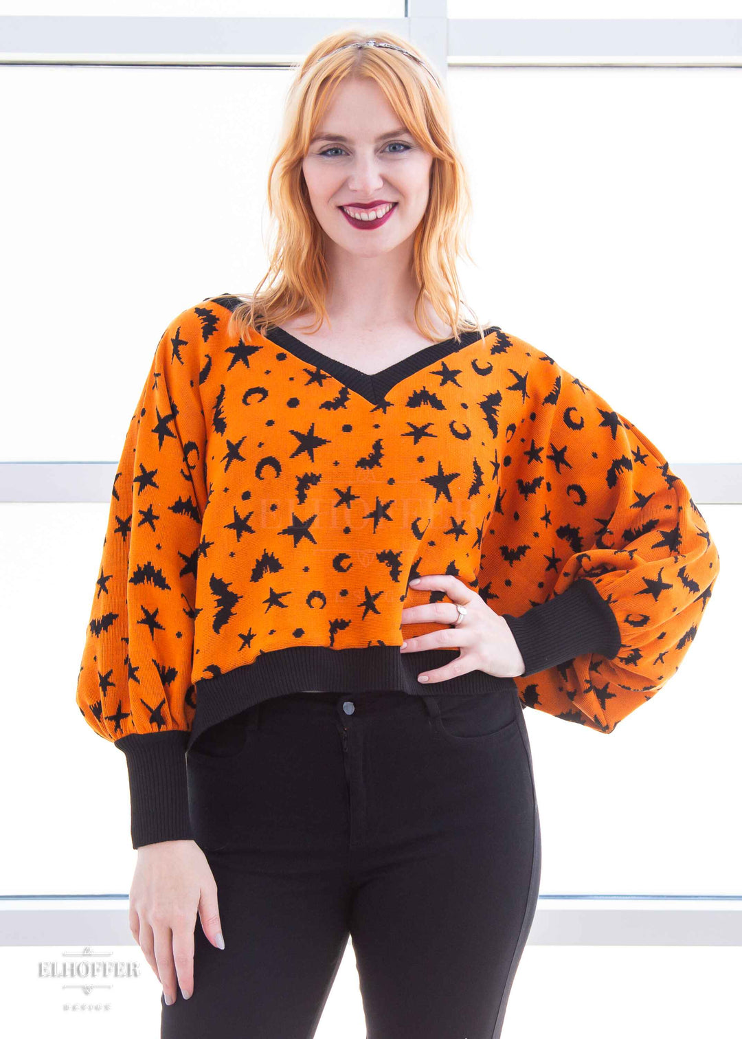 Essential Whitney Oversize Sweater - Orange w/ Black Batty Witch