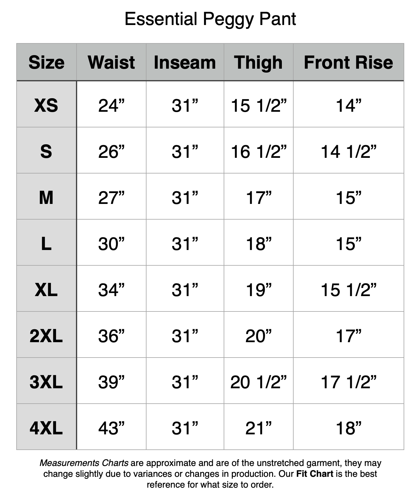 Essential Peggy Pant. XS - 24" Waist, 31" Inseam, 15.5" Thigh, 14" Front Rise. S - 26" Waist, 31" Inseam, 16.5" Thigh, 14.5" Front Rise. M - 27" Waist, 31" Inseam, 17" Thigh, 15" Front Rise. L - 30" Waist, 31" Inseam, 18" Thigh, 15" Front Rise. XL - 34" Waist, 31" Inseam, 19" Thigh, 15.5" Front Rise. 2XL - 36" Waist, 31" Inseam, 20" Thigh, 17" Front Rise. 3XL - 39" Waist, 31" Inseam, 20.5" Thigh, 17.5" Front Rise. 4XL - 43" Waist, 31" Inseam, 21" Thigh, 18" Front Rise.