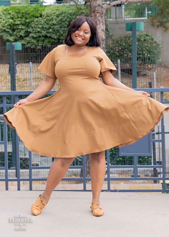 Essential Knee Length Flutter Sleeve Dress - Dark Caramel Ponte