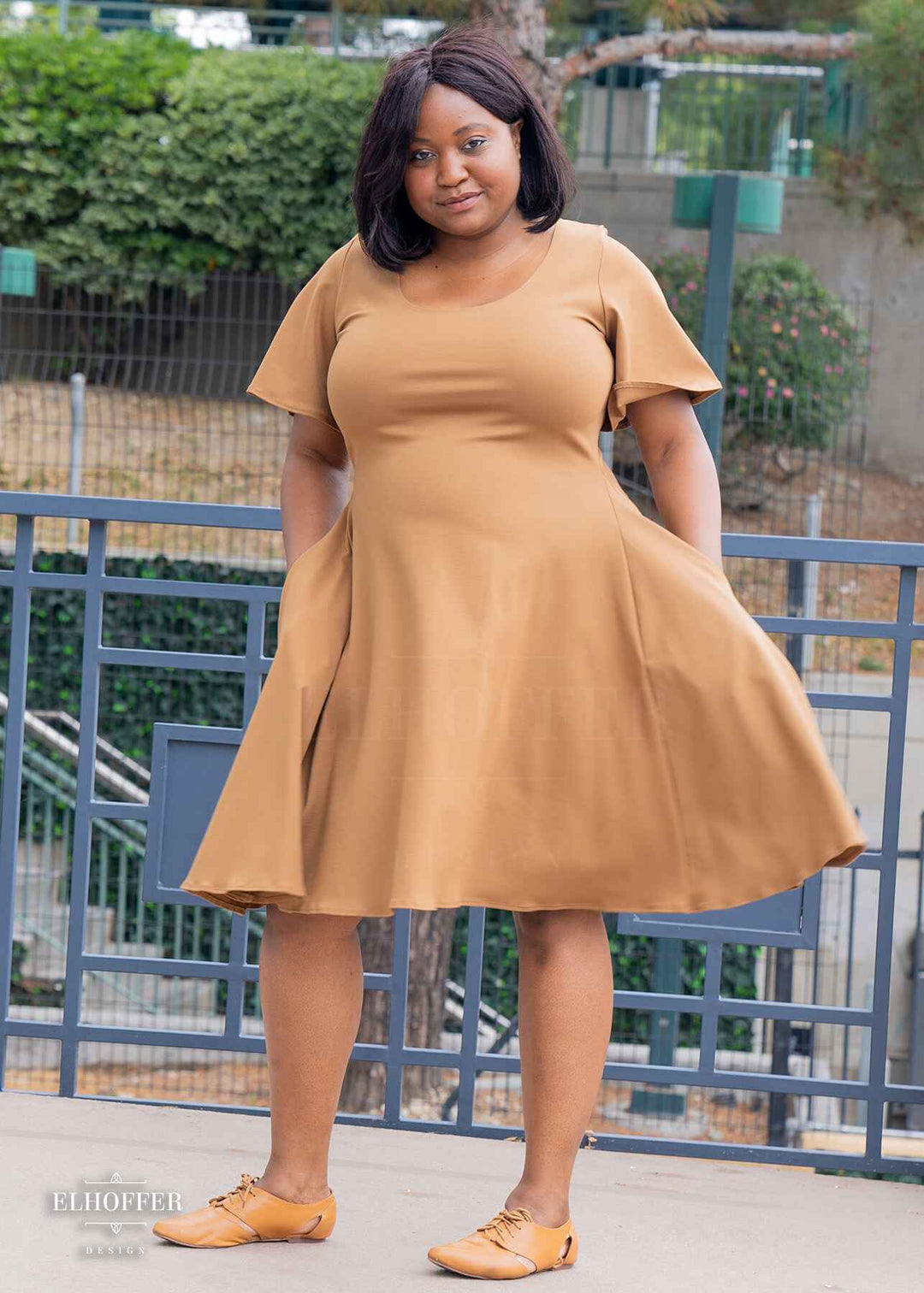 Essential Knee Length Flutter Sleeve Dress - Dark Caramel Ponte