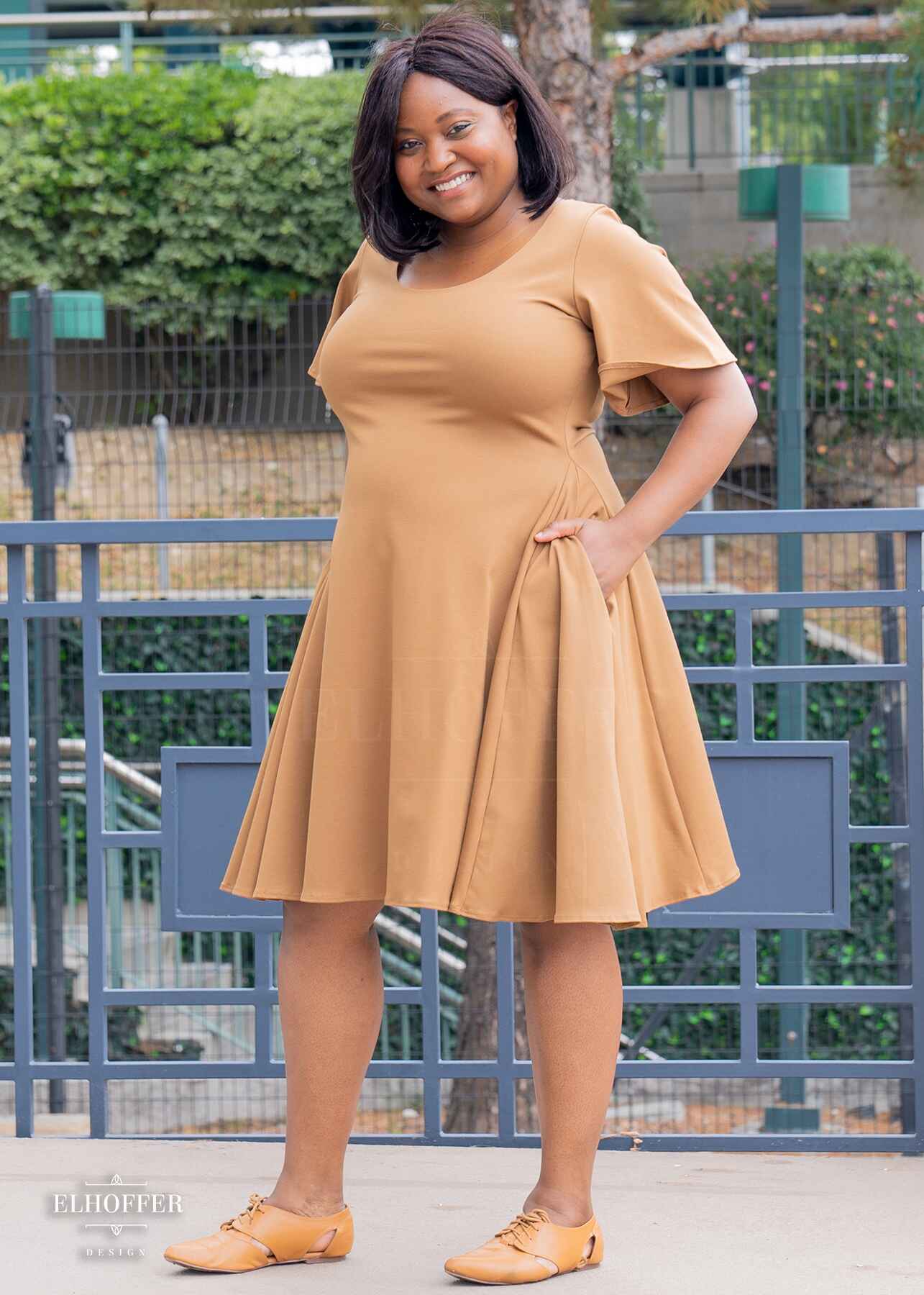 Essential Knee Length Flutter Sleeve Dress - Dark Caramel Ponte Elhoffer Design Essential Knee Length Flutter Sleeve Dress - Dark Caramel Ponte Elhoffer Design