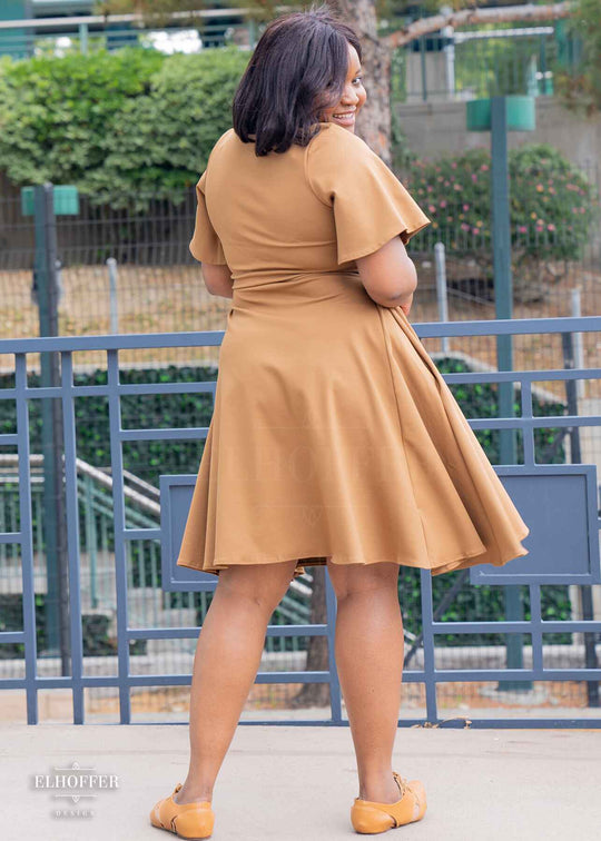 Essential Knee Length Flutter Sleeve Dress - Dark Caramel Ponte