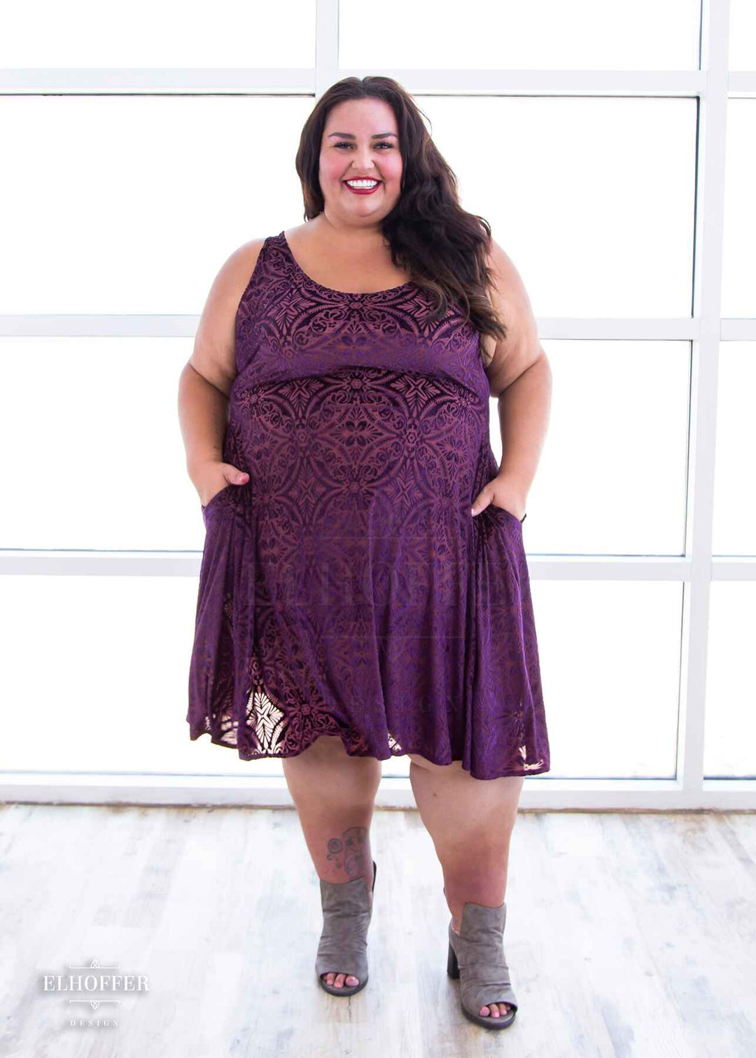 Essential Aquarius Knee Length Dress - Plum Motif Burnout Velvet